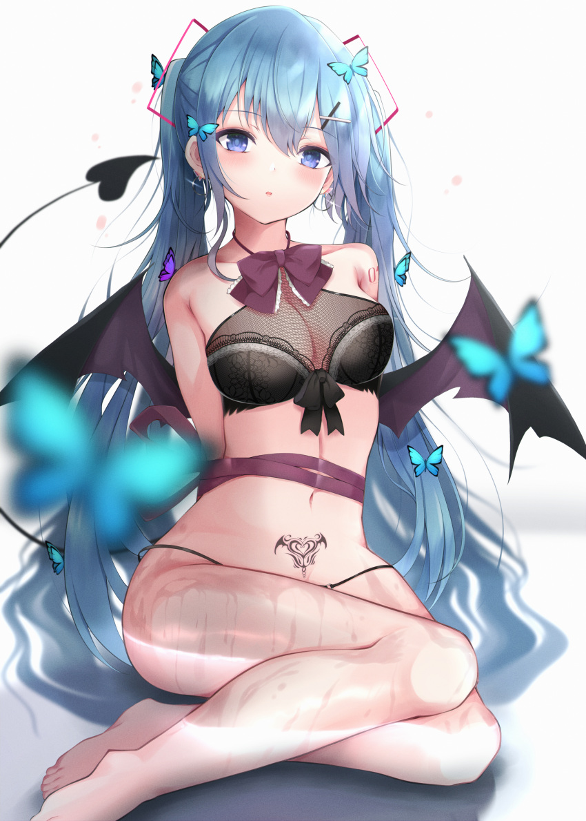 1girls absurdres barefoot blue_eyes blue_hair breasts bug butterfly demon_tail demon_wings earrings female hair_ornament hairclip hatsune_miku highres insects jewelry kazanock legs long_hair medium_breasts no_pants pubic_tattoo sitting solo tail tattoo twintails very_long_hair vocaloid wings