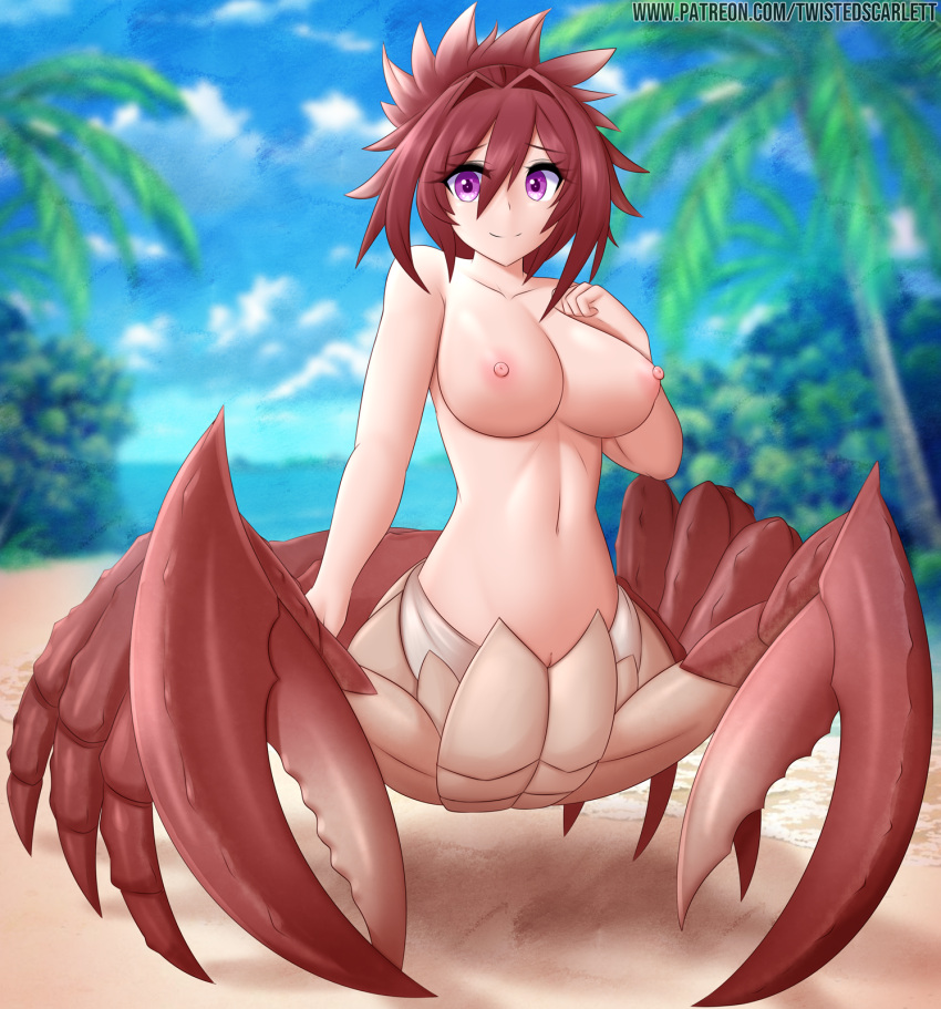 2021 areola arthropod arthropod_taur blurred_background breasts crab crab_taur crustacean crustacean_taur decapoda digital_media_(artwork) eyebrows eyelashes female fingers genitals hi_res higher_resolution_available looking_at_viewer malacostracan marine marine_taur monster_girl monster_girl_1000 navel nipples nude original_character outside purple_eyes pussy smile solo taur text twistedscarlett60 url