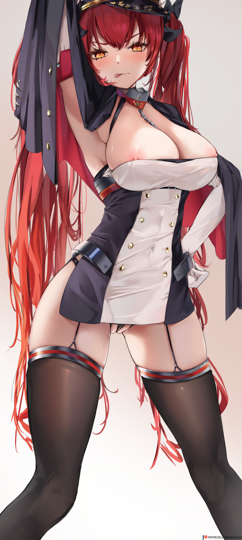 1girls arms_up azur_lane black_legwear blush breasts female honolulu_(azur_lane) kilalesi lingerie looking_at_viewer nipple_slip nipples red_hair solo sweat thighhighs