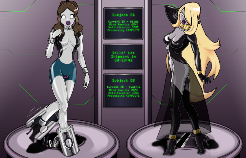 2girls alternate_color cynthia_(pokemon) edit female female_only game_freak hilda_(pokemon) latex liquid_latex multiple_girls nintendo pokemon pokemon_bw pokemon_dppt re-maker remaker round_mouth sex_doll sex_doll_holes sex_doll_transformation tagme third-party_edit transformation