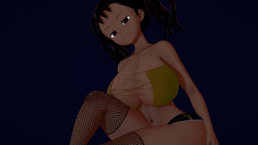 1girls 3d 3d_(artwork) ayukawa_miyuki bare_shoulders basquash! big_breasts black_hair breast_press bursting_breasts cleavage curvaceous curvy dark-skinned_female erect_nipples erect_nipples_under_clothes female_only fishnets hotpants huge_breasts koikatsu large_ass large_breasts looking_at_viewer miyuki_ayukawa patreon purple_eyes revealing_clothes sitting smile smug solo string takeo92 thick_thighs twintails underboob wide_hips