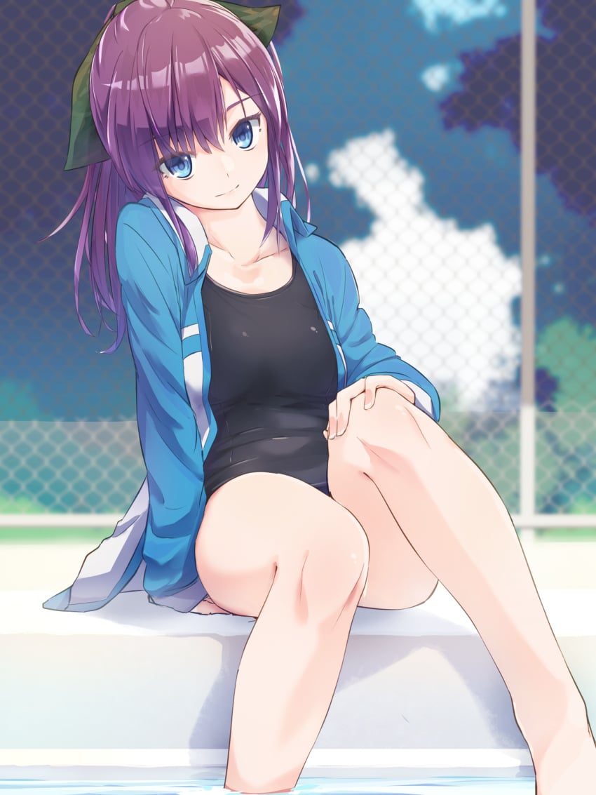 1girls bare_legs black_swimsuit blue_eyes blue_jacket blurry blurry_background breasts chain-link_fence collarbone depth_of_field fence green_ribbons hair_ribbon head_tilt highres hikami_satori jikkyou_powerful_pro_yakyuu long_hair long_sleeves looking_at_viewer open_clothes ponytail rb2 smile sole_female solo tagme thighs water