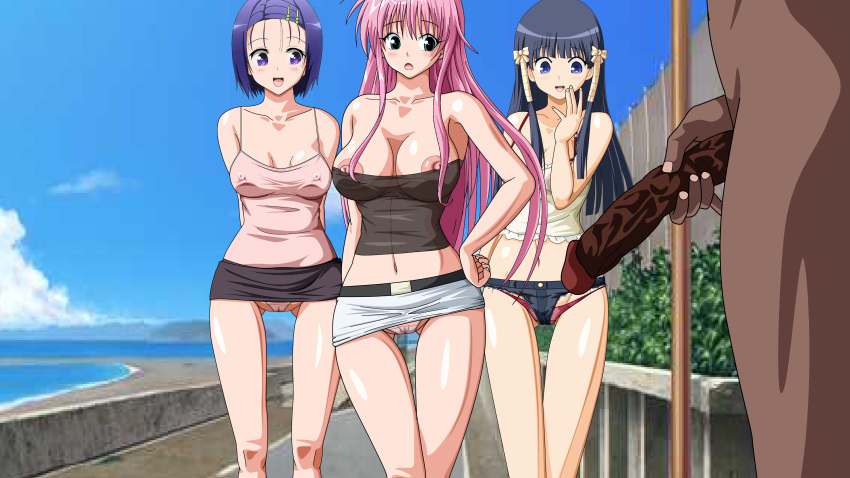 1boy 3girls akane_(artist) areolae bimbo black_hair black_skirt breasts cameltoe cg_box cleavage clothed_female_nude_male curvy erect_nipples exposed exposed_nipples female_with_female flashing happy huge_breasts huge_cock imminent_sex ineffective_clothing ineffective_panties lala_satalin_deviluke large_breasts large_nipples large_penis male_with_female microskirt miniskirt murasame_oshizu nipple_bulge nipple_slip nipples outdoor panties penis penis_awe pink_hair public purple_hair pussy sairenji_haruna skirt skirt_lift smile thong to_love-ru transparent_clothing uncensored upskirt wardrobe_malfunction white_skirt wide_hips