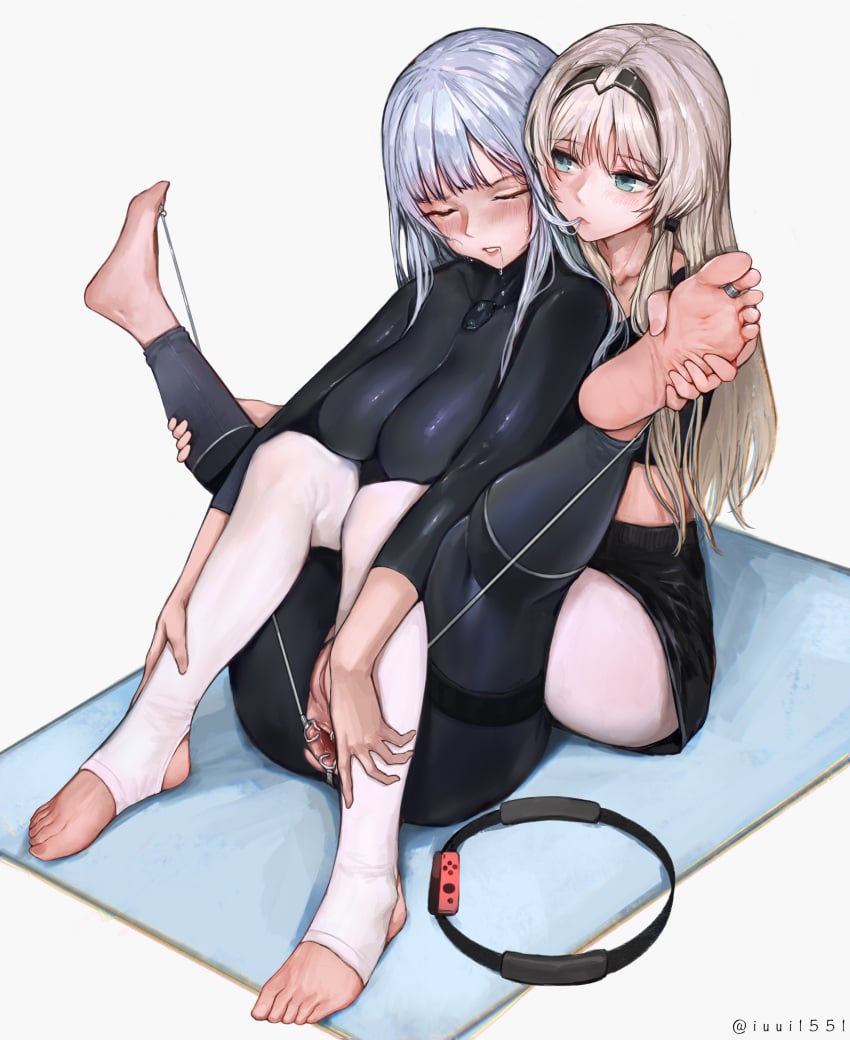 2girls ak-12_(girls'_frontline) an-94_(girls'_frontline) anus ass_open barefoot behind_another blonde_hair blue_eyes blush blushing bodysuit closed_eyes clothing crying drooling electronics embarrassed exposed_ass exposed_pussy eyes_closed feet feet_up femdom game_controller girls'_frontline green_eyes hair_in_mouth hand_on_calf hand_on_foot hand_on_leg headband huge_breasts humiliation iuui joycon_controller large_breasts leg_strap leggings legs_held_open legs_up legwear light_blue_eyes light_bondage light_green_eyes long_hair multiple_girls nintendo_switch pale_skin pilates_ring ring_fit_adventure ringcon_controller soles sportswear stirrup_legwear tight_clothes tight_clothing tight_fit toeless_legwear toes torture westking white_background white_hair yuri