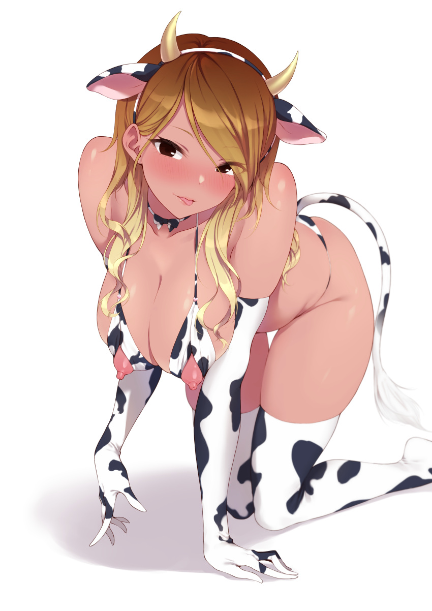 1girls 2021 absurdres all_fours animal_print areolae bangs bare_shoulders big_breasts bikini black_eyes blonde_hair blush bra breasts brown_hair brown_to_blonde_hair chinese_zodiac cow_print cow_print_bikini cow_print_gloves cupless_bra elbow_gloves eyes_visible_through_hair fake_animal_ears fake_cow_ears fake_cow_horns fake_cow_tail fake_horns fake_tail female female_only gloves gradient_hair gyaru highres horns huge_breasts idolmaster idolmaster_shiny_colors izumi_mei large_breasts long_hair looking_at_viewer momihige_(mo3hig3) multicolored_hair naughty_face nipples print_bikini print_gloves print_legwear solo swept_bangs swimsuit tail tan tan-skinned_female tan_skin thighhighs tongue tongue_out underwear white_background white_gloves white_legwear year_of_the_ox