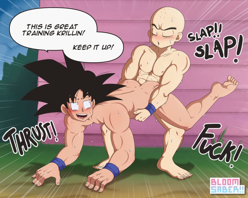 2boys abs anal_penetration anal_sex bald black_hair bloomsaber dragon_ball dragon_ball_super dragon_ball_z english_text eyes_closed gay krillin kuririn legs_held_open looking_at_partner looking_back male male/male male_only male_penetrating_male nude pecs pleasure_face size_difference small_dom_big_sub small_top_big_bottom son_goku sound_effects spiky_hair sweatdrops thrusting_into_ass wheelbarrow_position wristbands yaoi