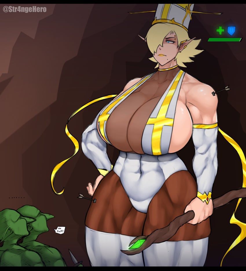 1girls avis_(strangehero) big_breasts blonde_hair blue_eyes goblin goblin_male huge_breasts mage muscular muscular_female oc original_character strangehero thick_thighs thin_waist voluptuous wide_hips