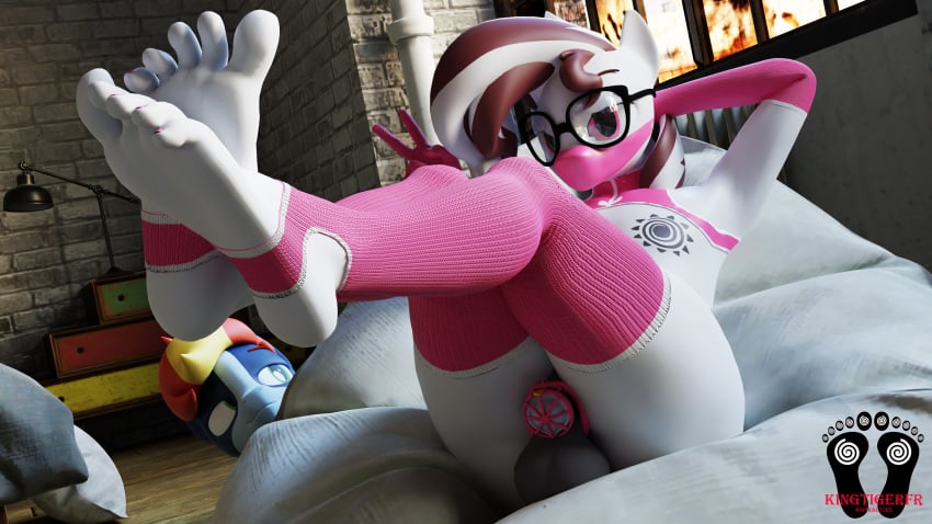 2boys 3d 4k anthro chastity chastity_cage feet_up femboy foot_fetish gay glasses gloves hiding kingtigerfr lefthighkick male mask mlp_oc my_little_pony painted_nipples peace_sign peeking pink_chastity_cage pink_gloves pink_stockings spiral_toes_(oc) stockings testicles