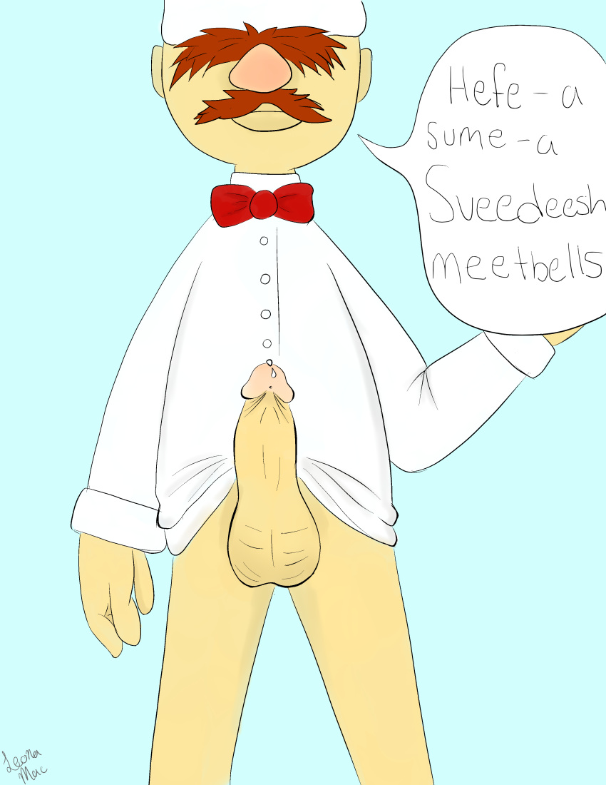 1boy artist_signature bottomless bowtie brown_hair chef_hat chef_uniform clothing erection heavy_eyebrows hidden_eyes jacket_only large_balls large_penis leona_mac light_blue_background male_only muppet muppets mustache precum_bubble puppet swedish swedish_chef