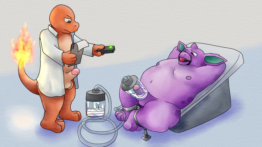 16:9 4k absurd_res anthro ashentail ball_gag bound chained chains charmander chubby clothing coat duo erection gag genitals hi_res lab_coat laboratory looking_at_another looking_at_genitalia machine male male/male milking_machine nidoran nidoran♂ nintendo overweight penis penis_milking pokémon_(species) pokemon scientific_experiment scientific_instrument slightly_chubby topwear video_games widescreen