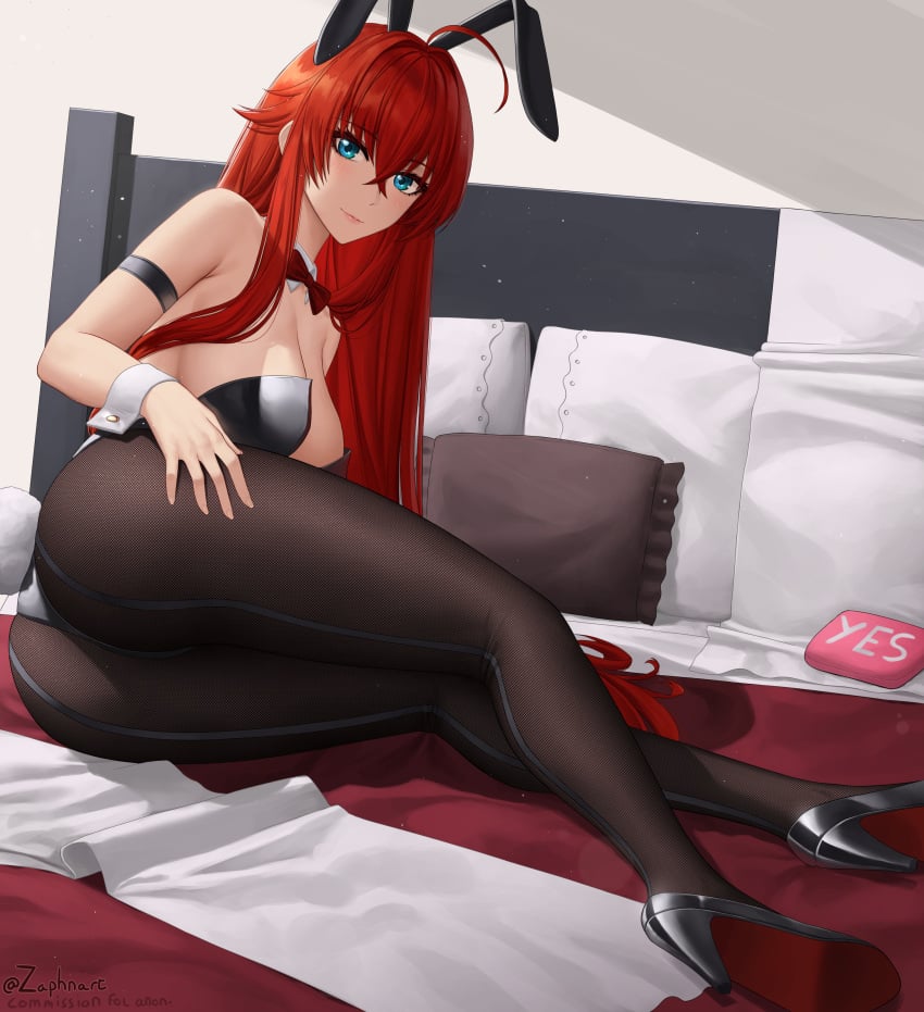 absurdres ahoge animal_ears arm_strap ass bangs bare_shoulders bed black_footwear black_legwear black_leotard blue_eyes bow bowtie breasts bunny_ears bunny_tail cleavage collar crossed_bangs detached_collar fake_animal_ears female hair_between_eyes high_heels high_school_dxd highres large_breasts leotard long_hair looking_at_viewer lying on_bed on_side pantyhose pillow playboy_bunny red_hair red_neckwear rias_gremory sleeveless smile solo tail thighhighs thighs twitter_username white_collar wrist_cuffs zaphn