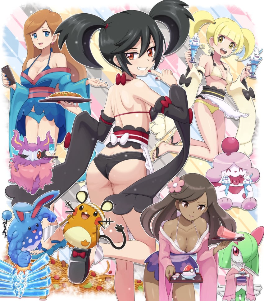 4girls aromatisse ass azumarill back back_view backside black_hair black_panties blonde_hair blue_nails blue_panties bra breasts brown_skin cleavage dark-skinned_female dark_hair dark_skin dedenne female female_focus fingernail_polish fingernails flower flower_in_hair furisode_girl_(pokemon) furisode_girl_asami furisode_girl_blossom furisode_girl_kali furisode_girl_karen furisode_girl_katherine furisode_girl_kirika furisode_girl_linnea furisode_girl_shione game_freak kimono kirlia legs light-skinned_female light_skin multiple_females multiple_girls nail_polish nintendo npc_trainer orange_hair panties pokemoa pokemon pokemon_(species) pokemon_xy red_nails sandals short_hair shoulders sleeves slurpuff suggestive underwear upskirt vanillish vanilluxe yellow_hair yellow_panties