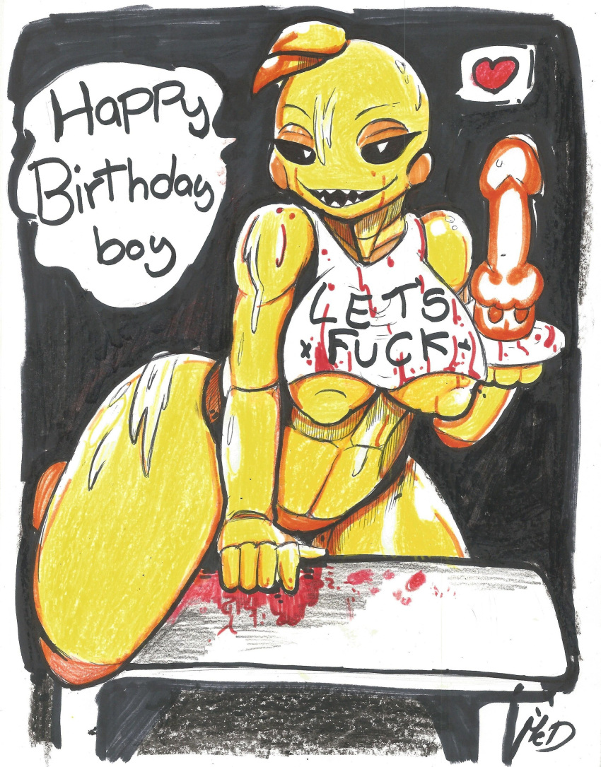 absurd_res animatronic avian bird birthday blood cake chicken dessert female five_nights_at_freddy's five_nights_at_freddy's_2 food galliform gallus_(genus) heart hi_res looking_at_viewer machine mcdave19 nude phasianid robot solo text toy_chica_(fnaf) video_games yellow_body