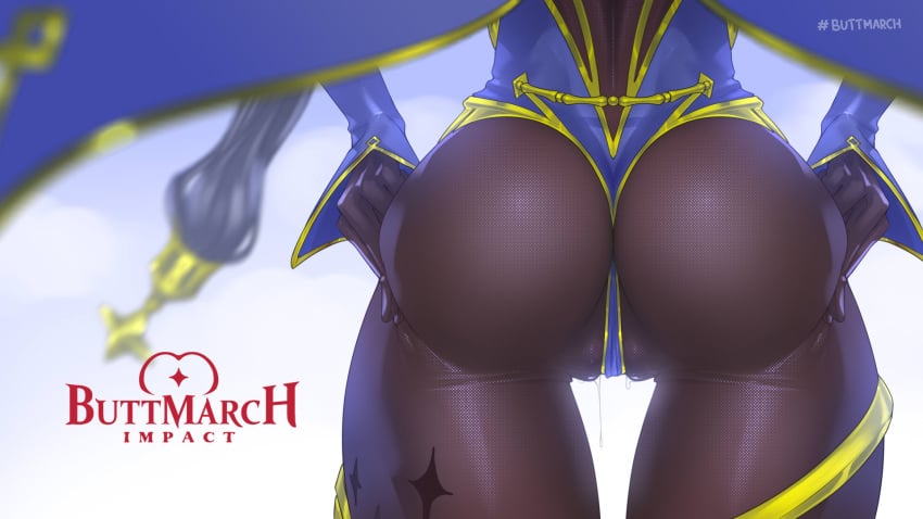 1girls ass black_legwear blue_leotard bodystocking bodysuit bodysuit_under_clothes buttmarch female female_only from_behind genshin_impact highres huge_ass leotard mage mona_(genshin_impact) pussy_juice tailbox thigh_gap wet_pussy