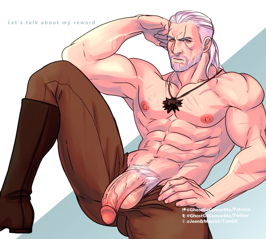 1boy abs armpits beard biceps cd_projekt_red geralt_of_rivia ghostgocensorme half-dressed huge_cock male_only muscular pecs pubic_hair scar the_witcher the_witcher_(series) the_witcher_2 the_witcher_3:_wild_hunt uncut white_hair yellow_eyes