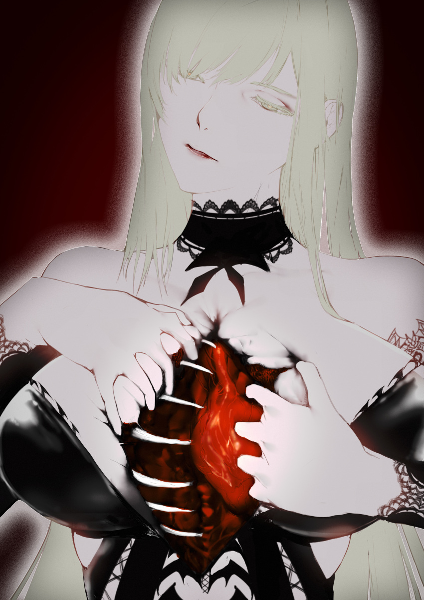 absurdres black_dress blonde_hair breasts dress eyebrows female gothic guro heart highres huge_breasts kiss-shot_acerola-orion_heart-under-blade kizumonogatari large_breasts long_hair monogatari_(series) organs ribs shishirui_san skull solo vampire