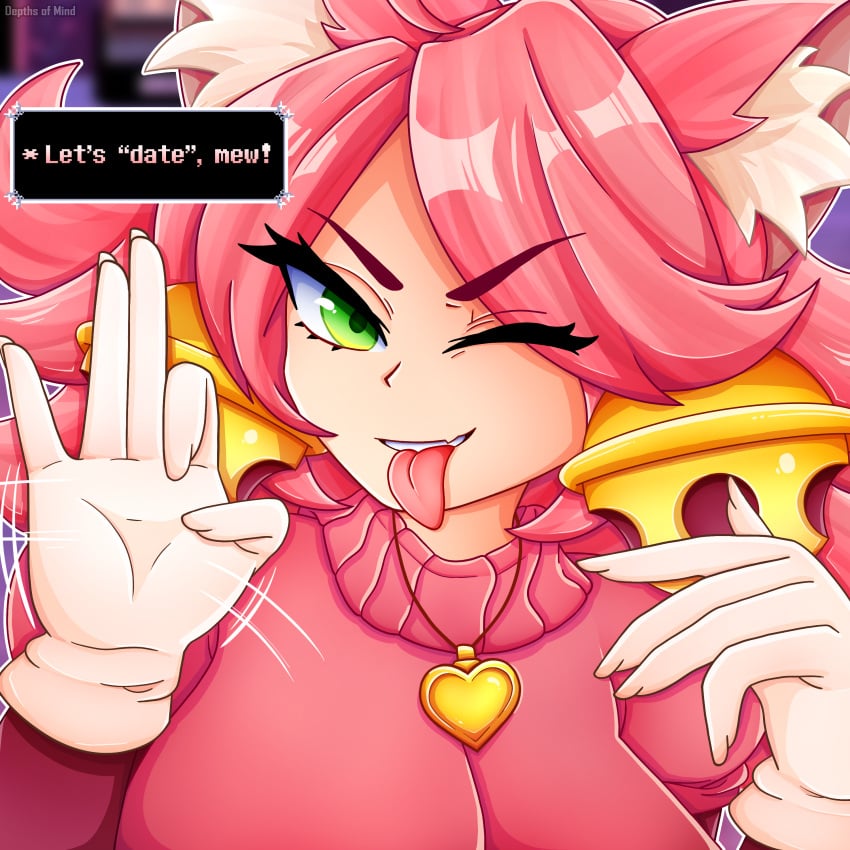 1girl 1girls bells big_breasts cat_ears cat_girl catgirl clothed clothed_female clothing deltarune deltarune_chapter_5 depthsofmind fangs female female_focus female_only fluffy fluffy_ears fluffy_hair furry furry_female green_eyes large_breasts long_hair looking_at_viewer mad_mew_mew pink_(deltarune) pink_hair solo solo_female suggestive_gesture talking_to_viewer text undertale_(series)