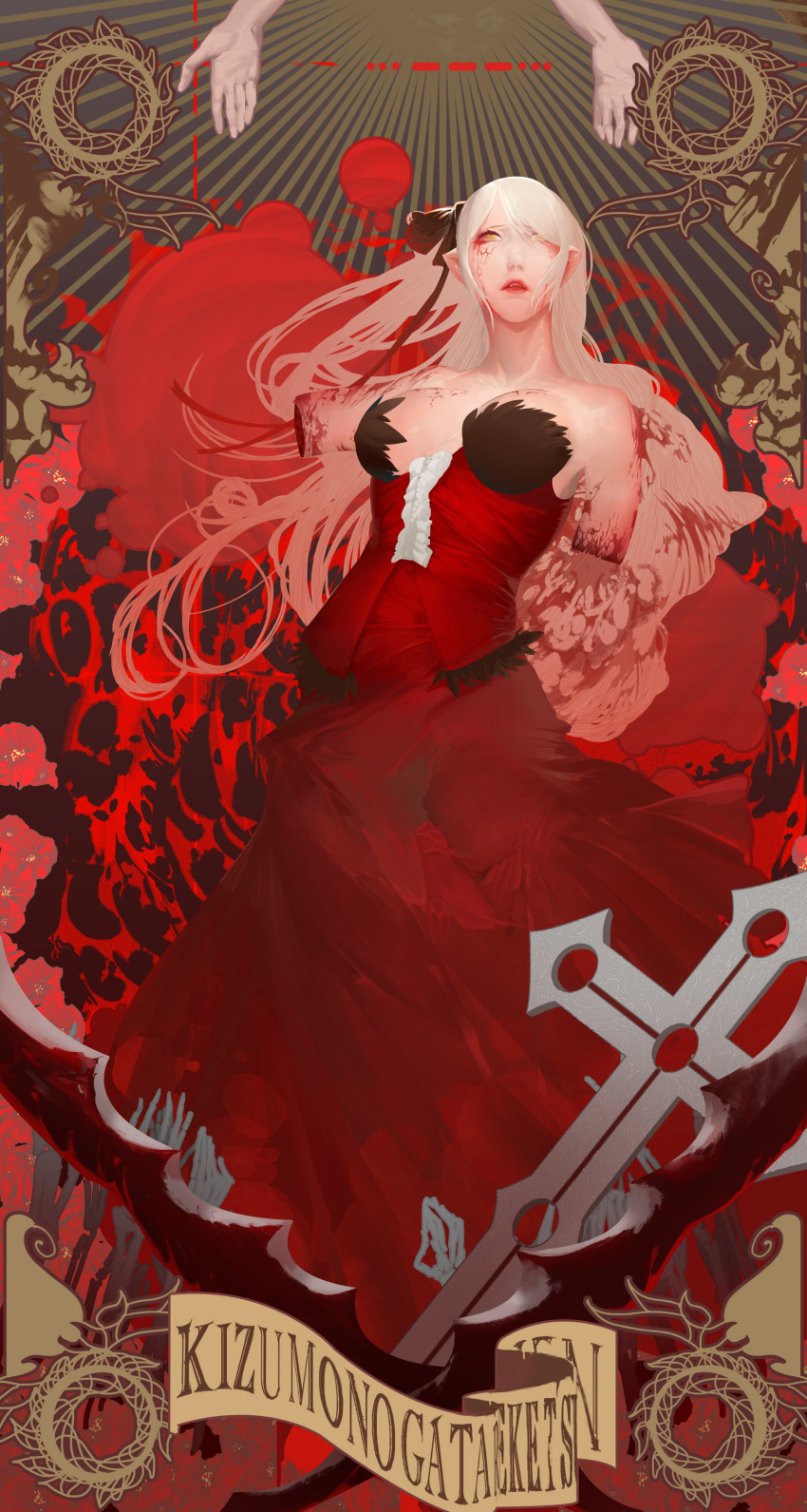 absurdres amputee black_ribbon blonde_hair blood blood_on_arm bloody_hair breasts cleavage cross dress female guro hair_ribbon hand_up highres injury kiss-shot_acerola-orion_heart-under-blade kizumonogatari large_breasts long_dress long_hair monogatari_(series) red_dress red_lips ribbon severed_arm severed_limb shishirui_san solo tears vampire