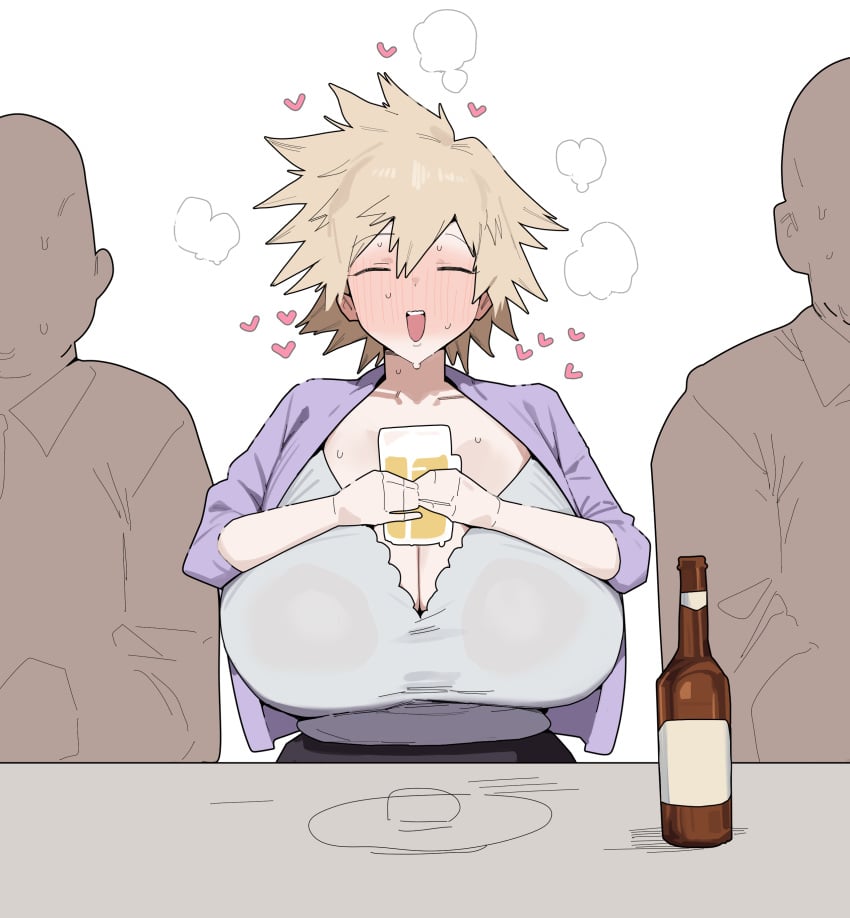 1girls 2boys absurd_res areolae_visible_through_clothing beer blonde blonde-haired_female blonde_female blonde_hair blonde_hair_female blush blush_lines blushing blushing_female boku_no_hero_academia citizen_k citizen_k_(pngj5475) drinking drunk drunk_female female heart hearts hi_res imminent_sex mature_female milf mitsuki_bakugou mother my_hero_academia nipples_visible_through_clothing spiky_hair sweaty white_background