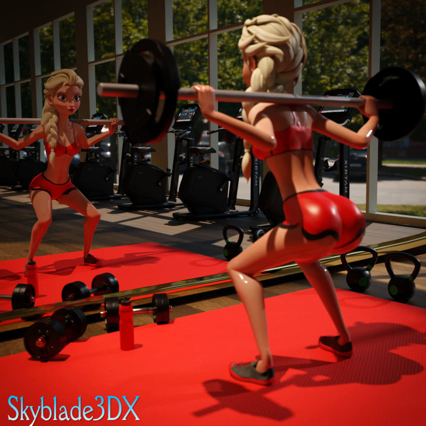 1girls 3d 3d_(artwork) ass barbell bare_shoulders blender blender_(software) blonde_hair blue_eyes breasts disney dumbbell elsa_(frozen) female female_focus female_only from_behind frozen_(film) gym gym_clothes gym_shorts leaning leaning_forward medium_breasts mirror skyblade3dx small_breasts solo solo_female sports_bra sportswear squatting sweat sweating sweaty watermark weightlifting weights