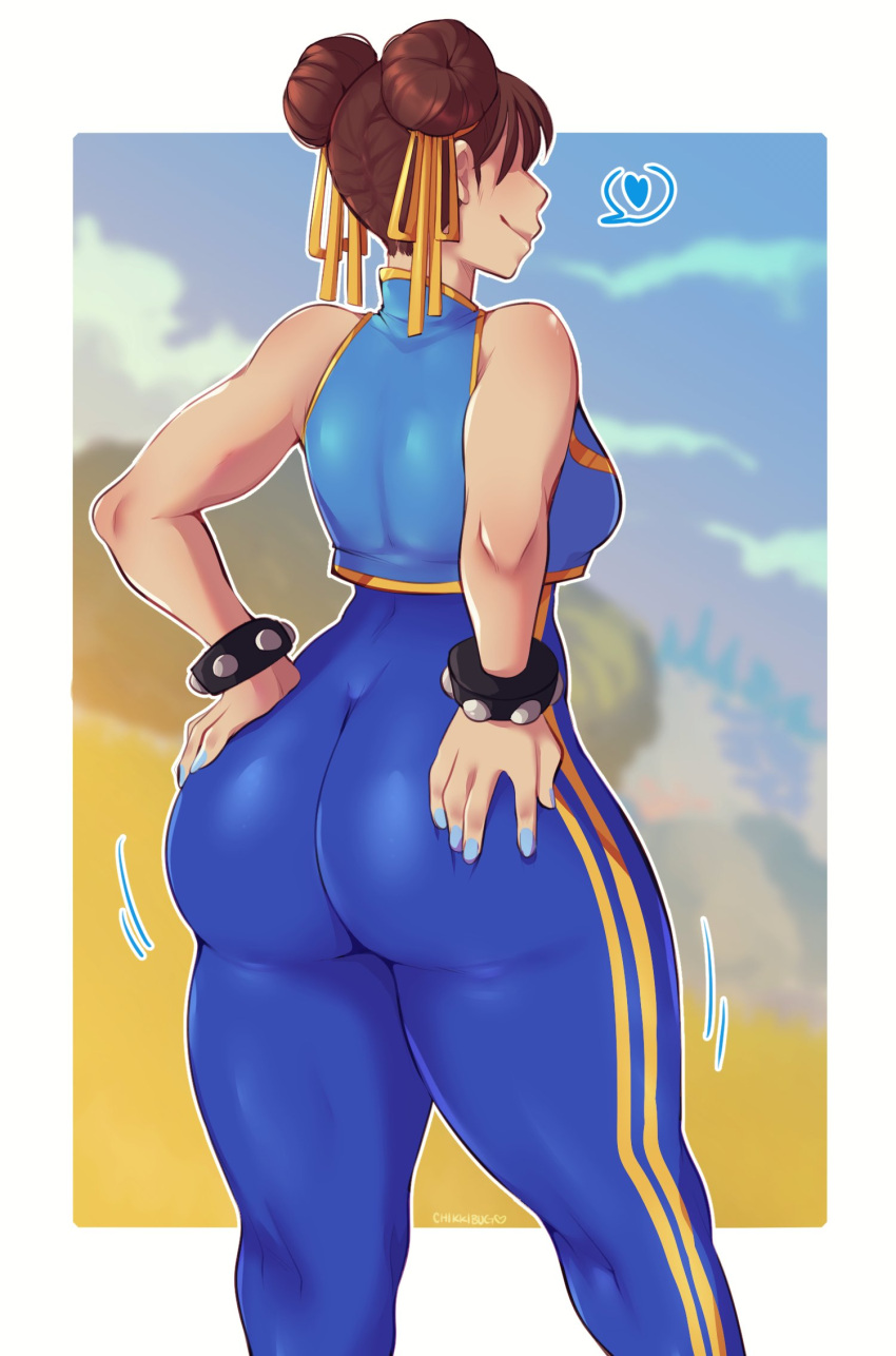 1girls ass ass_focus ass_grab back big_ass big_butt blue_nail_polish blue_nails bottom_heavy bracelet breasts bubble_butt capcom chikkibug chun-li clothed curvy female female_focus female_only grin hair_bun hair_ribbon hand_on_ass hand_on_hip huge_ass huge_butt medium_breasts nail_polish smirk solo street_fighter thick thick_thighs toned toned_female