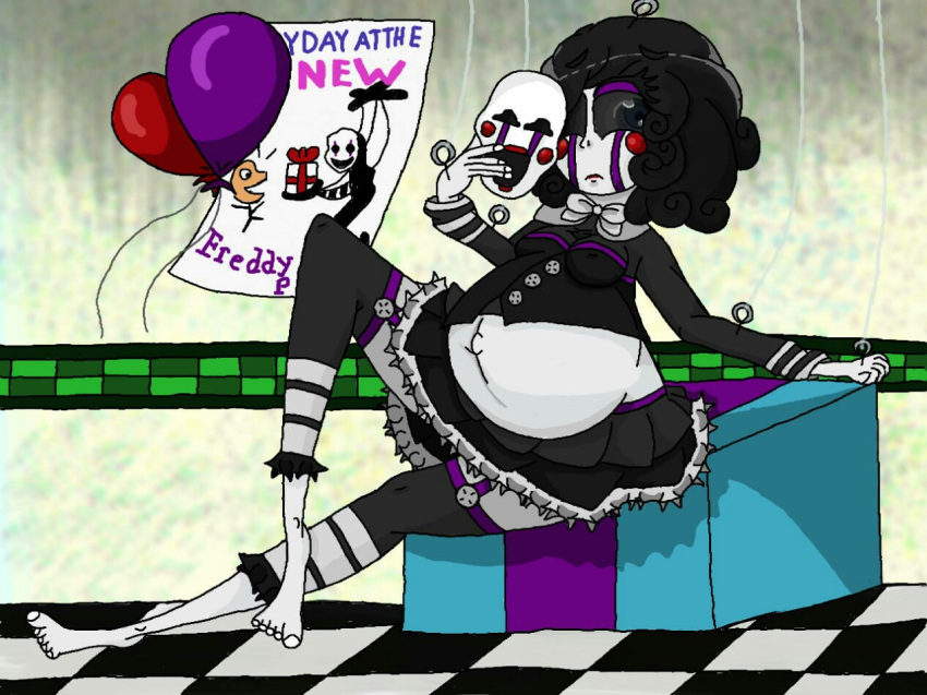 black_hair black_sclera doll facepaint five_nights_at_freddy's five_nights_at_freddy's_2 fnaf long_legs marionette_(fnaf) pregnant puppet_(fnaf) self_upload solo strings white_skin yukianime95