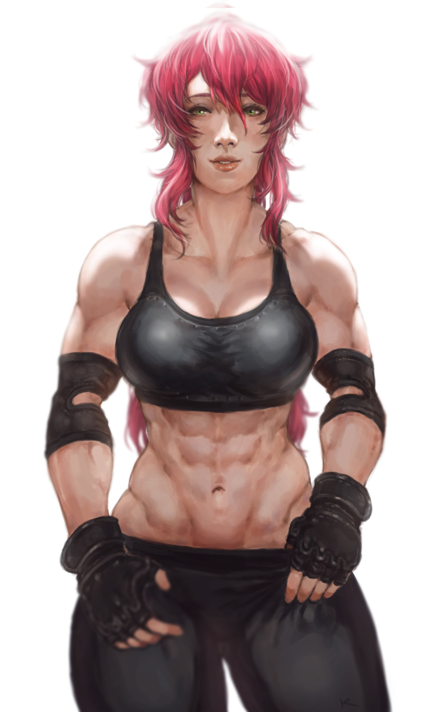 1girls abs big_breasts breasts cleavage edit female female_only large_breasts looking_at_viewer mma mma_gloves muscles muscular muscular_female prinzkuon pyrrha_nikos red_hair rwby solo sports_bra workout_clothes yoga_pants