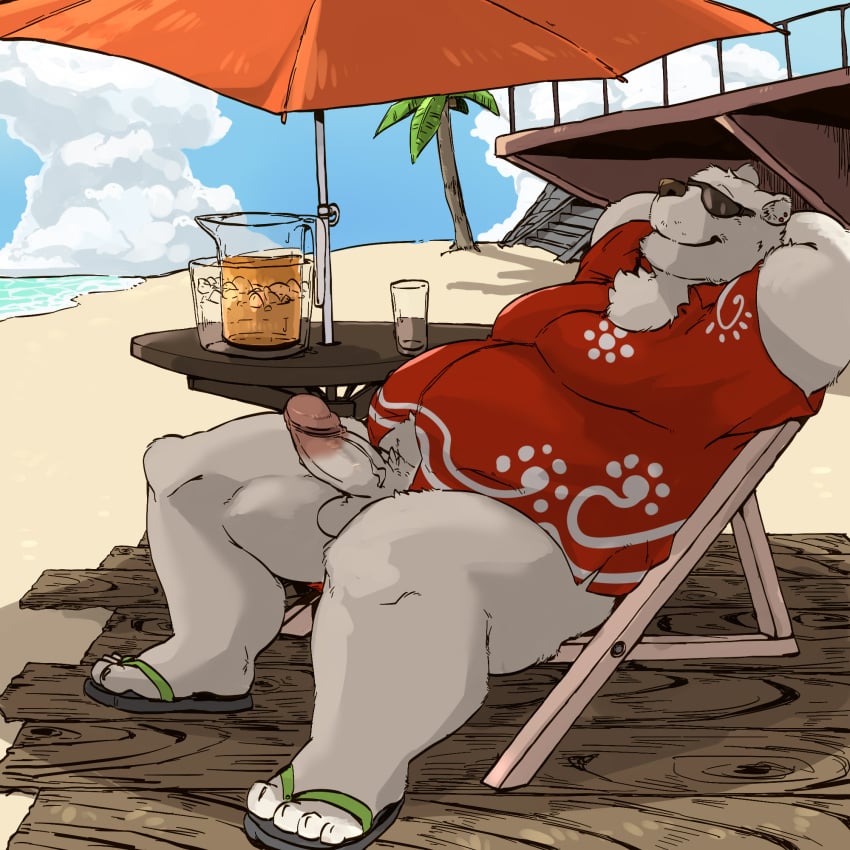 1:1 2021 anthro balls beach clothing detailed_background donguri erection eyewear footwear fur genitals hi_res kemono male mammal outside overweight overweight_anthro overweight_male penis polar_bear sandals seaside shirt sitting solo sunglasses topwear ursid ursine white_body white_fur