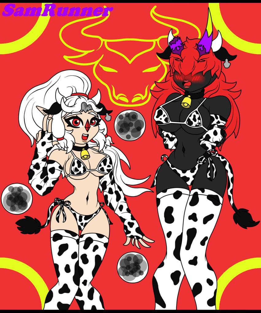 2girls big_breasts breasts character cow_bikini cow_girl crystalworld moon_(crystalworld) new_year nora_(crystalworld) oc oni original original_character samrunner thick_thighs thighhighs thighs year_of_the_ox