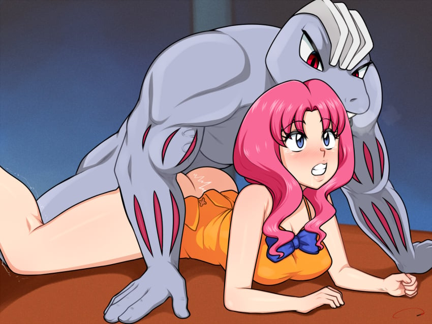 1boy 1girls aldharoku anal anal_penetration anal_sex ass blue_eyes blush bottomless clenched_teeth clothed_female_nude_male clothed_sex female from_behind interspecies lily_(pokemon) long_hair machoke male muscular_male no_panties pink_hair pokemon pokemon_(species) pokephilia prone_bone red_eyes sex straight