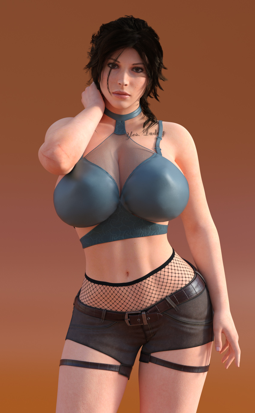 3d 3d_(artwork) alone belt big_breasts breasts brown_hair clothing daz3d dazstudio female female_only human lara_croft lara_croft_(survivor) large_breasts metal_01 midriff no_eyewear short_shorts shorts solo solo_female tattoo tomb_raider