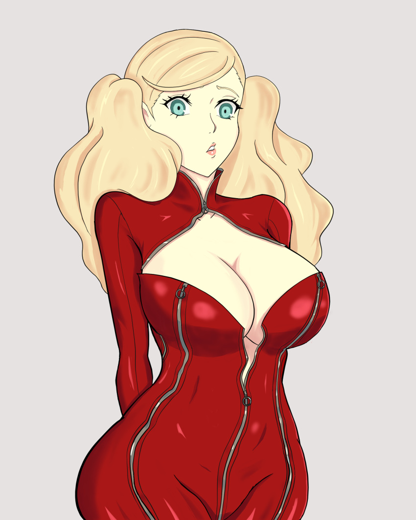 ann_takamaki big_breasts blonde_hair bodysuit huge_breasts large_breasts nahone_peko persona persona_5 thick_thighs unzipped unzipped_bodysuit