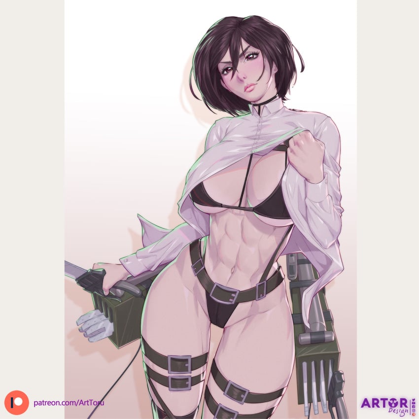 1girls 3d_maneuver_gear abs alternate_version_available arttoru attack_on_titan big_breasts black_eyes black_hair blush female female_only large_breasts lifting_clothing mikasa_ackerman muscular muscular_female short_hair simple_background solo string_bikini thick_thighs wide_hips