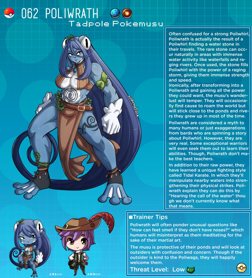 absurdly_long_hair blue_skin cleavage creature_index english_text hi_res humanized kinkymation nintendo page_62 page_number pokémon_(species) pokemon pokemon-girl_encyclopedia pokemorph pokemusu poliwrath profile standing tattoo text text_box very_long_hair webbed_feet