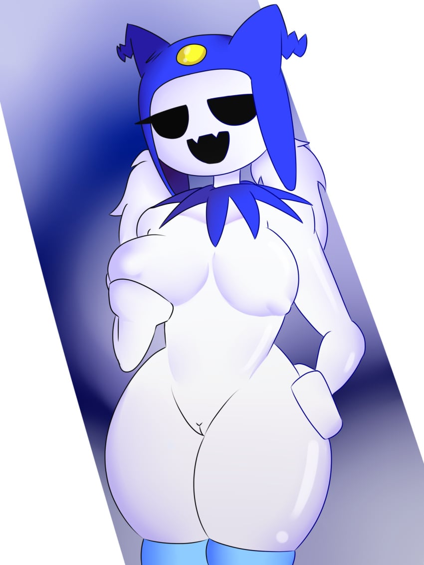 anthro black_eyes breasts dredddizzah fangs female jack_frost_(megami_tensei) jackie_frost looking_at_viewer nude persona pussy rule_63 shin_megami_tensei stockings thick_thighs twintails video_games