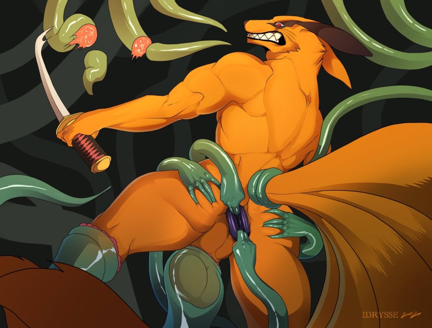 2021 anal anal_fingering anthro anus ass balls butt_grab canid canine clenched_teeth fingering fox fur furdo gaping gaping_anus genitals hand_on_butt hi_res katana kurama male male_only mammal melee_weapon multi_tail muscular muscular_anthro muscular_male naruto nude orange_body orange_fur red_eyes restrained solo solo_male spread_anus spread_butt spreading sword tailed_beast teeth tentacle tentacle_hands weapon