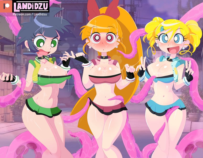 3:2 3girls alternate_version_available angry belly bent_wrist big_breasts black_gloves black_hair blonde_hair blossom_(powerpuff_girls) blue_eyes blush breasts bubbles_(powerpuff_girls) buttercup_(powerpuff_girls) cartoon_network child choker city cleavage clothed clothing curvy detailed_background double_v earrings embarrassed eyelashes female fingerless_gloves gloves green_eyes hair hair_ribbon hi_res hourglass_figure kaoru_matsubara landidzu long_hair miyako_gotokuji momoko_akatsutsumi multiple_girls navel open_smile orange_hair patreon patreon_username peace_sign ponytail powerpuff_girls powerpuff_girls_z red_eyes revealing_clothes shiny_hair shiny_skin short_hair short_shorts short_skirt skimpy skimpy_clothes skirt smile standing tentacle thick_thighs thighs twintails v very_long_hair watermark