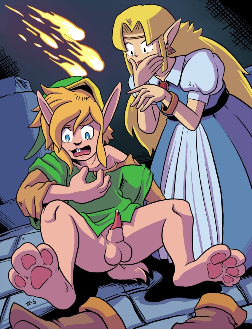 2019 3_toes a_link_to_the_past anthro balls blonde_hair buckteeth bunny_link clothing dress duo ear_piercing feet female genitals hair hi_res humanoid humanoid_pointy_ears hylian lagomorph leporid link link_(rabbit_form) male mammal nintendo number_2s numbertwos open_mouth pawpads penis piercing princess_zelda rabbit rabbit_link straight surprise teeth the_legend_of_zelda toes video_games young zelda_(a_link_to_the_past)