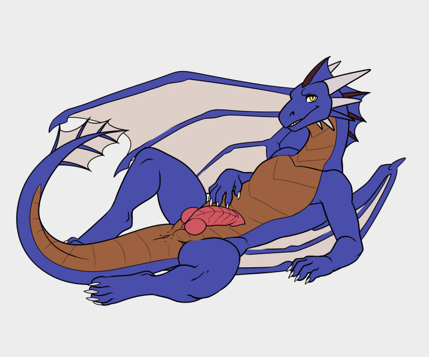 absurd_res animal_genitalia anthro anus blue_body dragon frill_(anatomy) genital_slit genitals hi_res horn knot male penis scalie sharkiedude simple_background slit solo white_background wings yellow_eyes