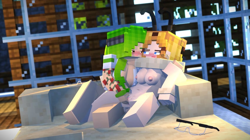 2girls 3d arthur32 bee bee_(minecraft) bee_girl breasts brown_eyes character_profile commission female female_only fingering_pussy green_hair greenhouse horny horny_female human mabel_bee_(arthur32) masturbation microsoft mine-imator minecraft mojang nude outside queen_bee room spread_legs tagme tattoos vaginal_penetration xbox_game_studios yellow_hair yuri