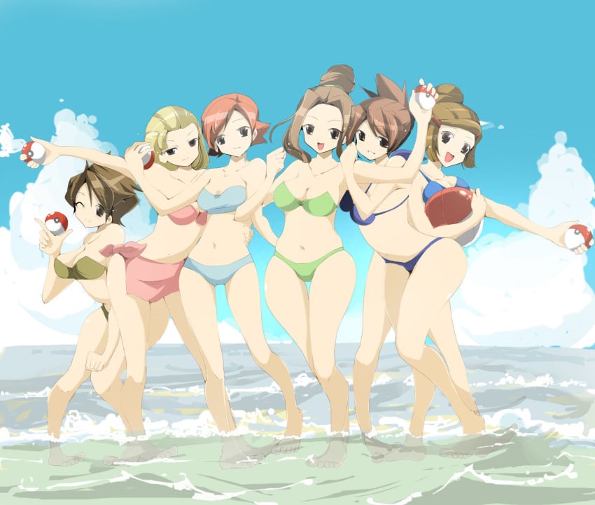 6girls beach beach_ball belly_button bikini bikini_bottom bikini_top blonde_hair blue_bikini blue_sky blue_swimsuit breasts cleavage clouds female female_focus female_only green_bikini green_swimsuit leg multiple_females multiple_girls navel nintendo npc_trainer poke_ball pokemon pokemon_bw pokemon_dppt pokemon_frlg pokemon_gsc pokemon_hgss pokemon_rgby pokemon_rse pokemon_trainer red_hair short_hair sky swimmer_(pokemon) swimmer_(pokemon_bw) swimmer_(pokemon_dppt) swimmer_(pokemon_frlg) swimmer_(pokemon_gsc) swimmer_(pokemon_hgss) swimmer_(pokemon_rse) swimsuit water zinger_(excess_m)