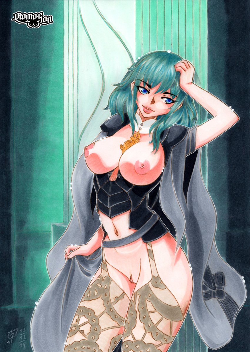 1girls aqua_hair artist_name blue_eyes breasts byleth_(fire_emblem) byleth_(fire_emblem)_(female) fantasy fire_emblem fire_emblem:_three_houses garter_belt highres large_breasts leggings long_hair marker_(medium) nintendo nipples otomo-san pussy traditional_media uncensored