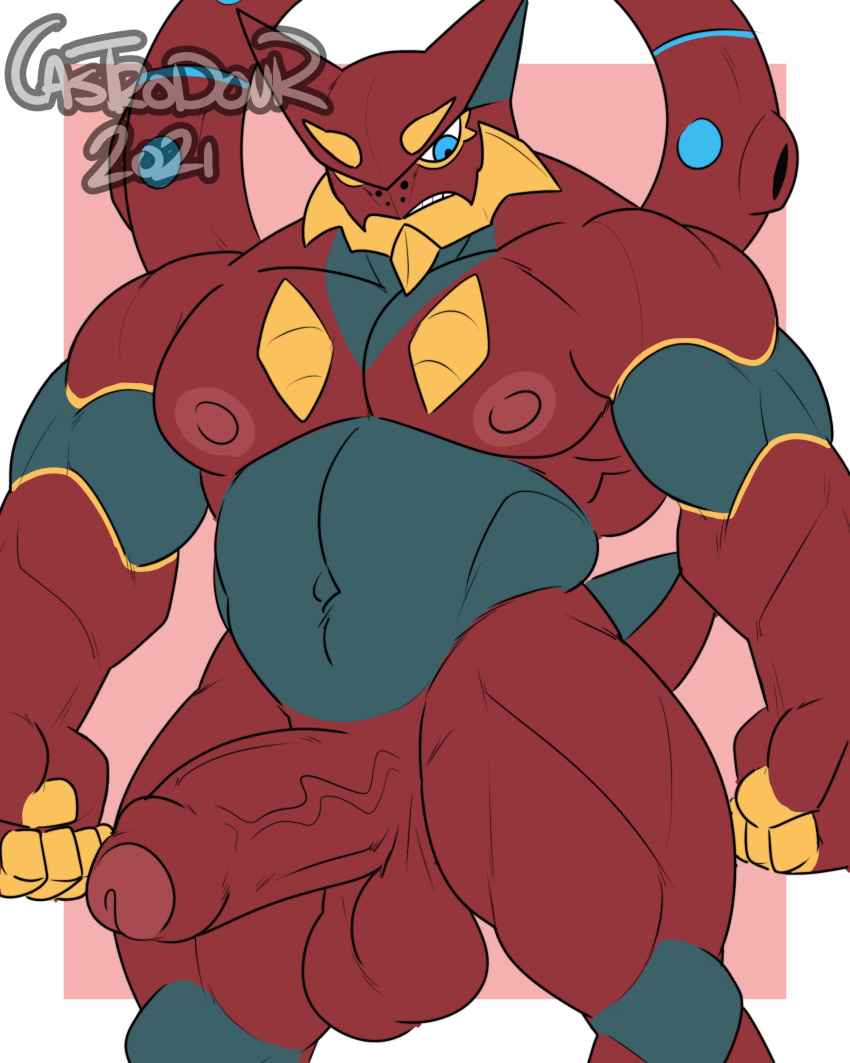 absurd_res anthro balls bara blue_eyes boner castrodour erection genitals hi_res humanoid_genitalia humanoid_penis legendary_pokémon male male_only muscular muscular_anthro muscular_male nintendo nipples nude penis pokémon_(species) pokemon red_body solo video_games volcanion