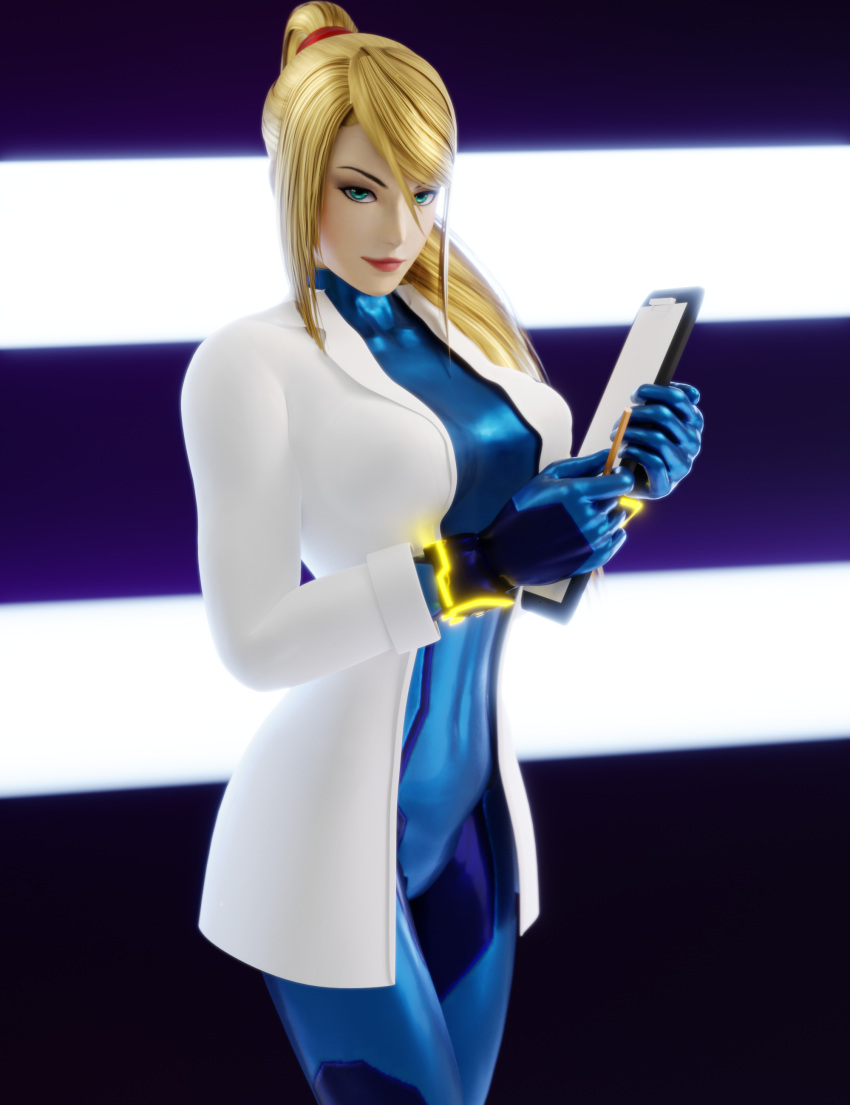 1girls 3d adeptusinfinitus big_breasts blonde_hair blue_eyes bodysuit breasts clipboard doctor female lab_coat labcoat looking_at_viewer metroid nintendo pencil ponytail samus_aran seductive_eyes seductive_look seductive_smile zero_suit zero_suit_samus