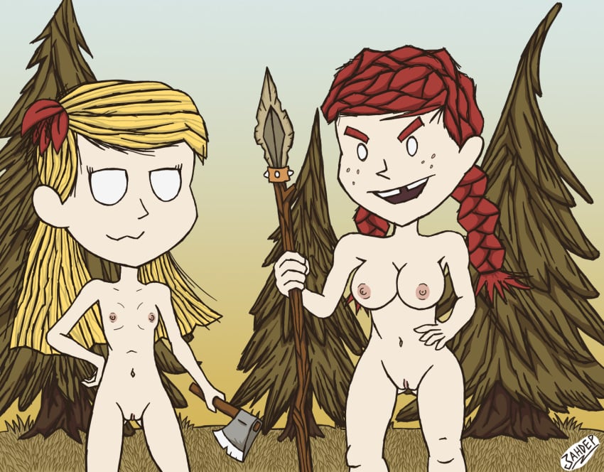 2girls :3 bare_breasts blonde_hair breasts color completely_naked completely_naked_female completely_nude completely_nude_female don't_starve don't_starve_together dont_starve dont_starve_together eyebrows female female_focus female_only flat_chest flower flower_in_hair forest_background human human_female human_focus human_only klei_entertainment multiple_girls naked naked_female nipples no_bra no_clothes no_panties nude nude_female pussy red_hair smile smiley_face smiling standing tools uwu vagina wendy_(don't_starve) wigfrid