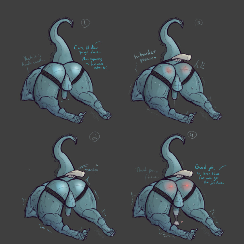 anthro ass ass_up balls blue_body butt_focus claws clothing condom degradation dragon feet filled_condom genitals hi_res humanoid humiliation jockstrap male muscular non-human penis pulling_underwear scalie sexual_barrier_device shaking small_penis_humiliation solo spank_marks spanking spookysauces underwear wearing_condom