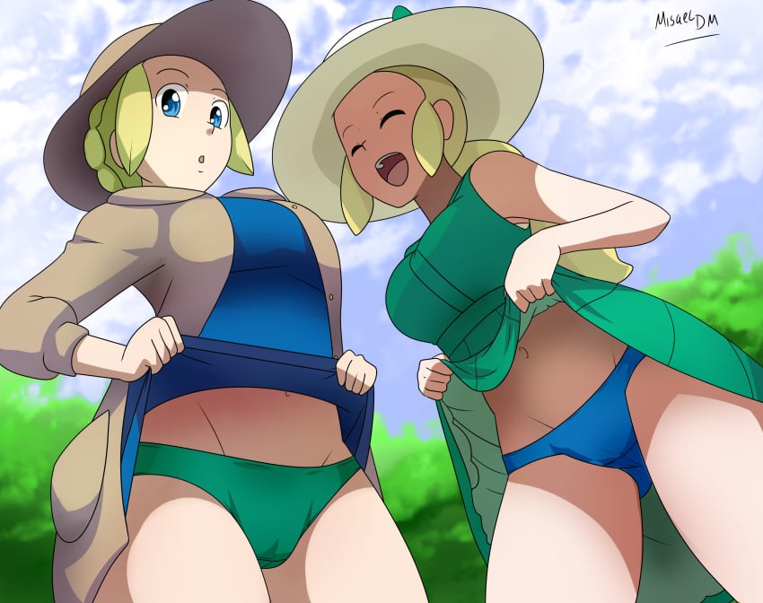 2girls blonde_hair blue_dress blue_eyes blue_panties closed_eyes cowboy_shot dress dress_lift dutch_angle exhibitionism female female_focus female_only from_below green_dress green_panties groin happy hat jacket lady_(pokemon) lady_(pokemon_oras) lady_(pokemon_xy) misaeldm multiple_females multiple_girls navel nintendo no_pants npc_trainer open_mouth panties pokemon pokemon_oras pokemon_xy sunhat underwear upskirt