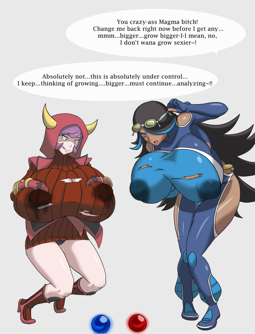 2girls alternate_breast_size big_breasts bimbo bimbofication courtney_(pokemon) english_text female female_only human hyper hyper_breasts lactation large_breasts multiple_girls nintendo pokemon pokemon_oras shelly_(pokemon) shelly_(pokemon_oras) silvina_(pokémon) team_aqua team_magma text transformation zahkey