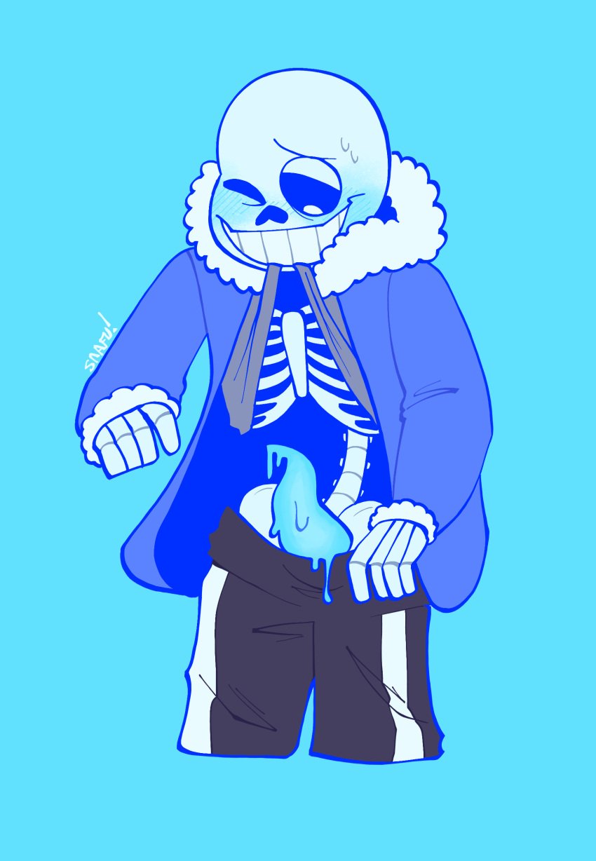 1boy 1male absurd_res animated_skeleton biting_clothes biting_shirt blue_background blue_penis blush blushing_profusely bodily_fluids bone clothed clothing digital_media_(artwork) ectopenis genital_fluids genitals hi_res hoodie lightsaber_dick looking_at_own_penis looking_at_penis male male_only not_furry penis penis_tentacles prehensile_penis sans shirt_up simple_background sirtoasterbutt skeleton smile solid_color_background solo solo_male sweat tentacle topwear undead undertale video_games wet_penis