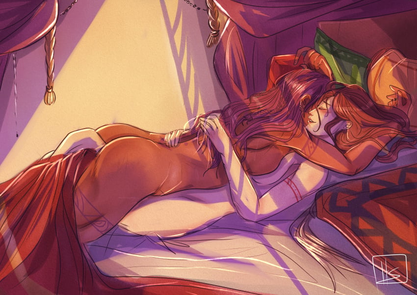 2girls absurdres arm_tattoo ass back bare_back bed blanket blush braid breasts brown_hair closed_eyes couple cuddling curtains dark-skinned_female dark_skin dorothea_arnault fire_emblem fire_emblem:_three_houses highres homugabs homuspicy hug huge_filesize leg_tattoo long_hair morning multiple_girls nintendo nude nude_female petra_macneary pillow post-timeskip purple_hair royalty sideboob sleeping smile sunlight tattoo wholesome yuri